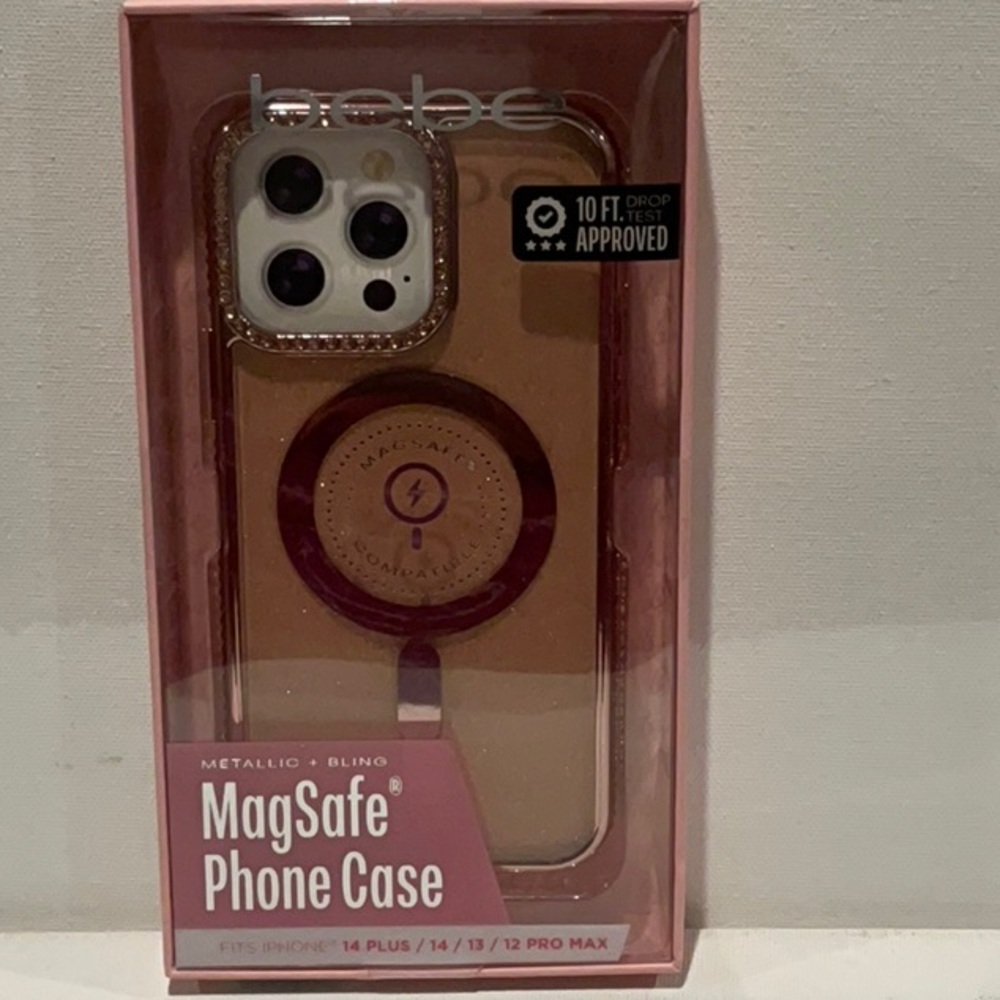 Bebe Clear MagSafePhone Case trimmed in sparkle gold color.